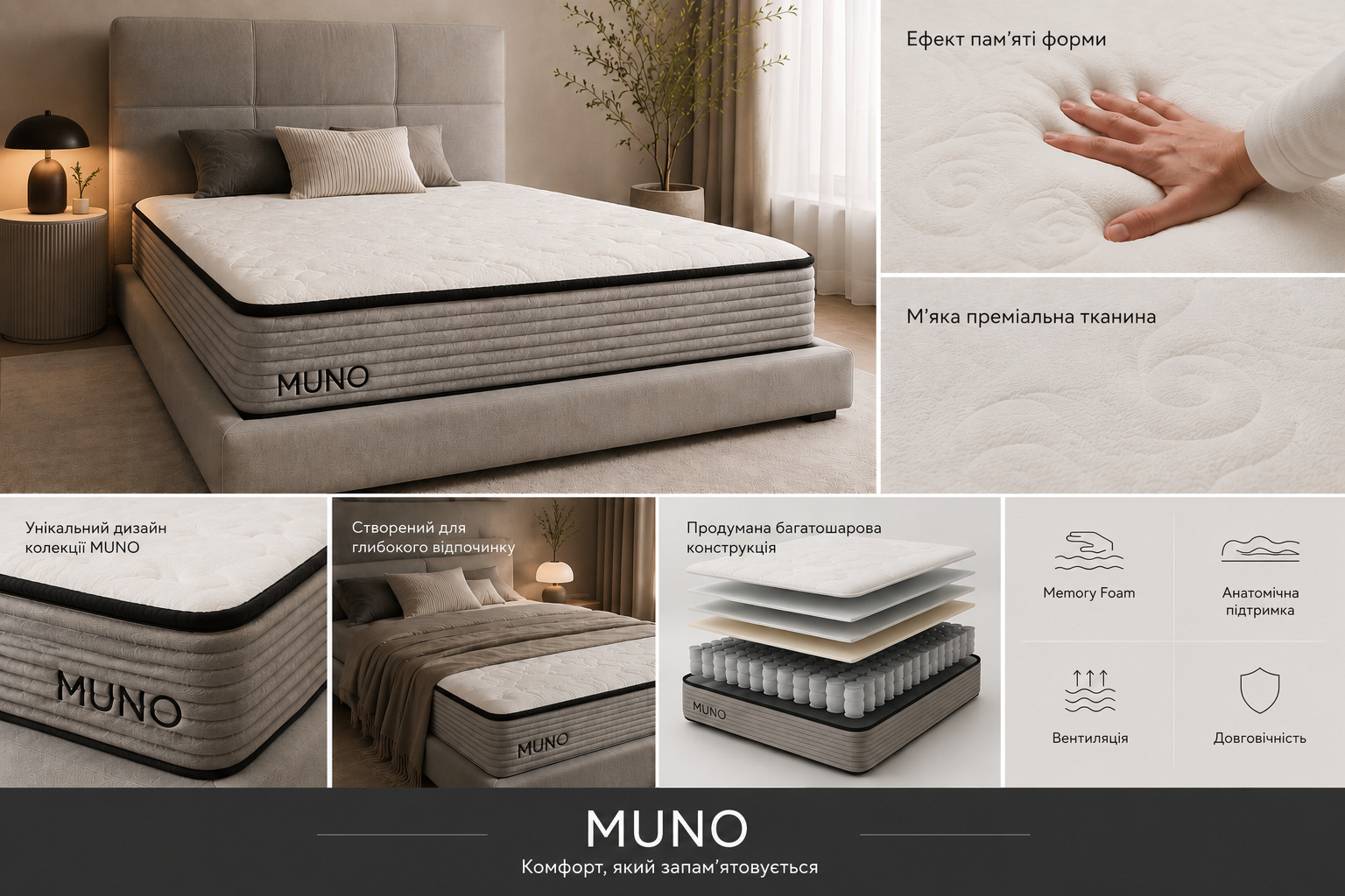 Ортопедический матрас Muno Premium Memory — эффект памяти формы и блок Pocket Spring